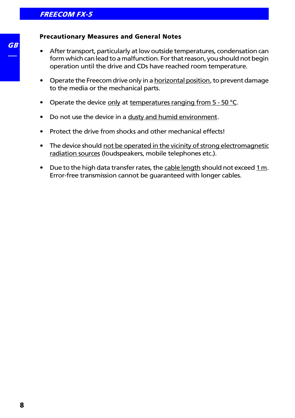 Precautionary measures and general notes | Freecom Technologies FX-5 User Manual | Page 8 / 18