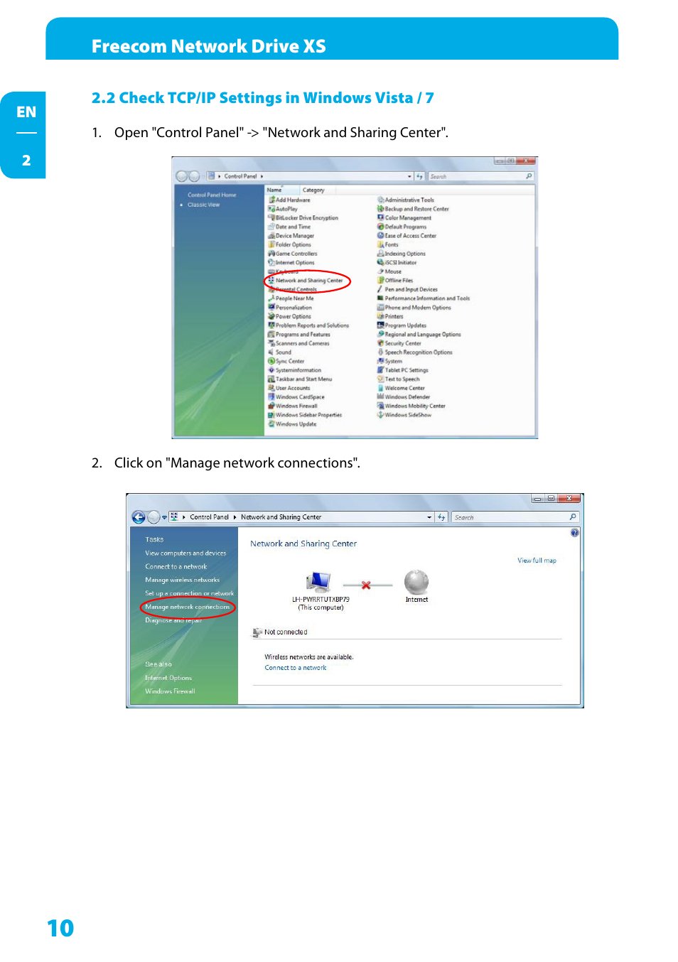 2 check tcp/ip settings in windows vista / 7 | Freecom Technologies Network Drive XS User Manual | Page 10 / 40