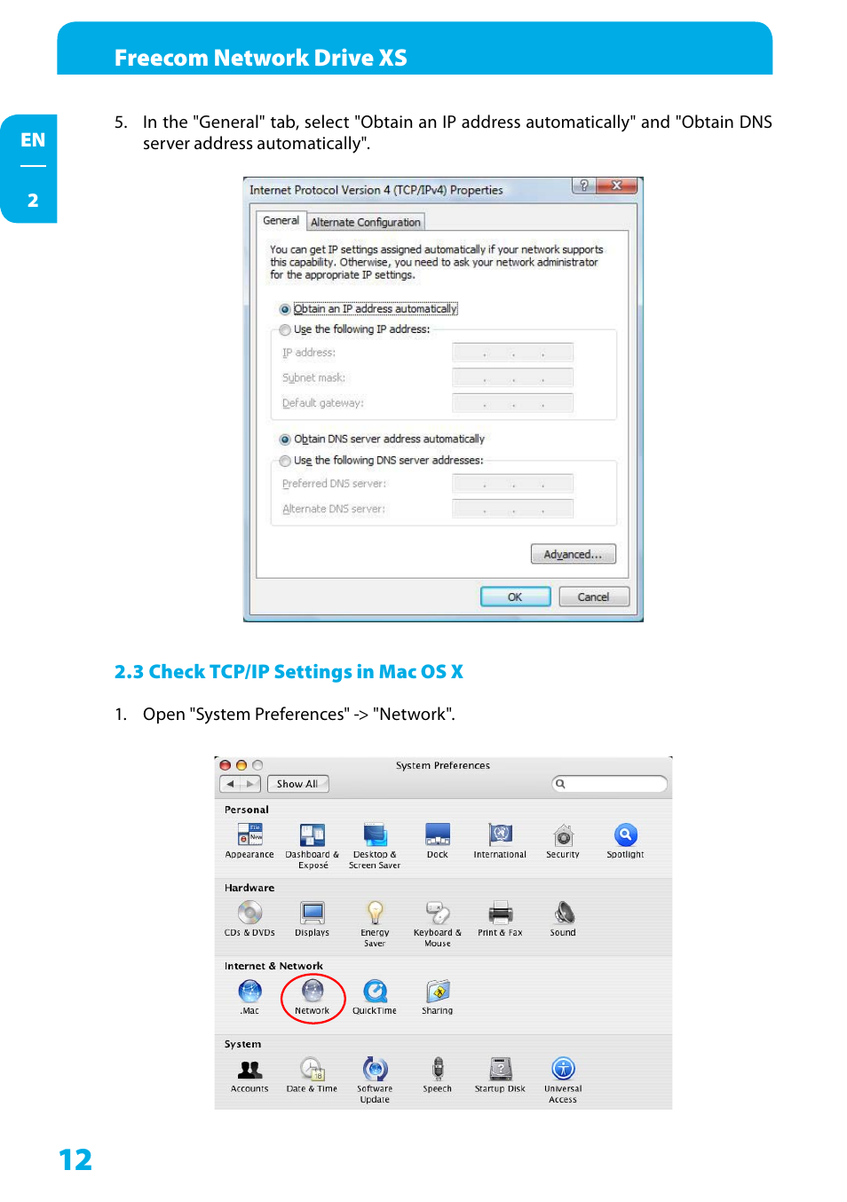 3 check tcp/ip settings in mac os x | Freecom Technologies Network Drive XS User Manual | Page 12 / 40
