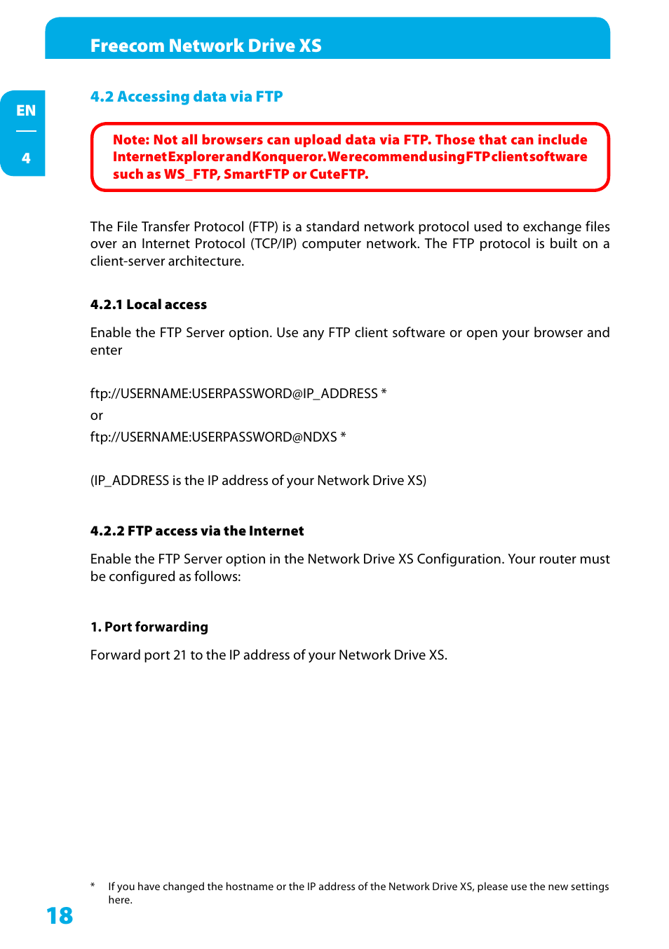 2 accessing data via ftp, 1 local access, 2 ftp access via the internet | Freecom network drive xs | Freecom Technologies Network Drive XS User Manual | Page 18 / 40