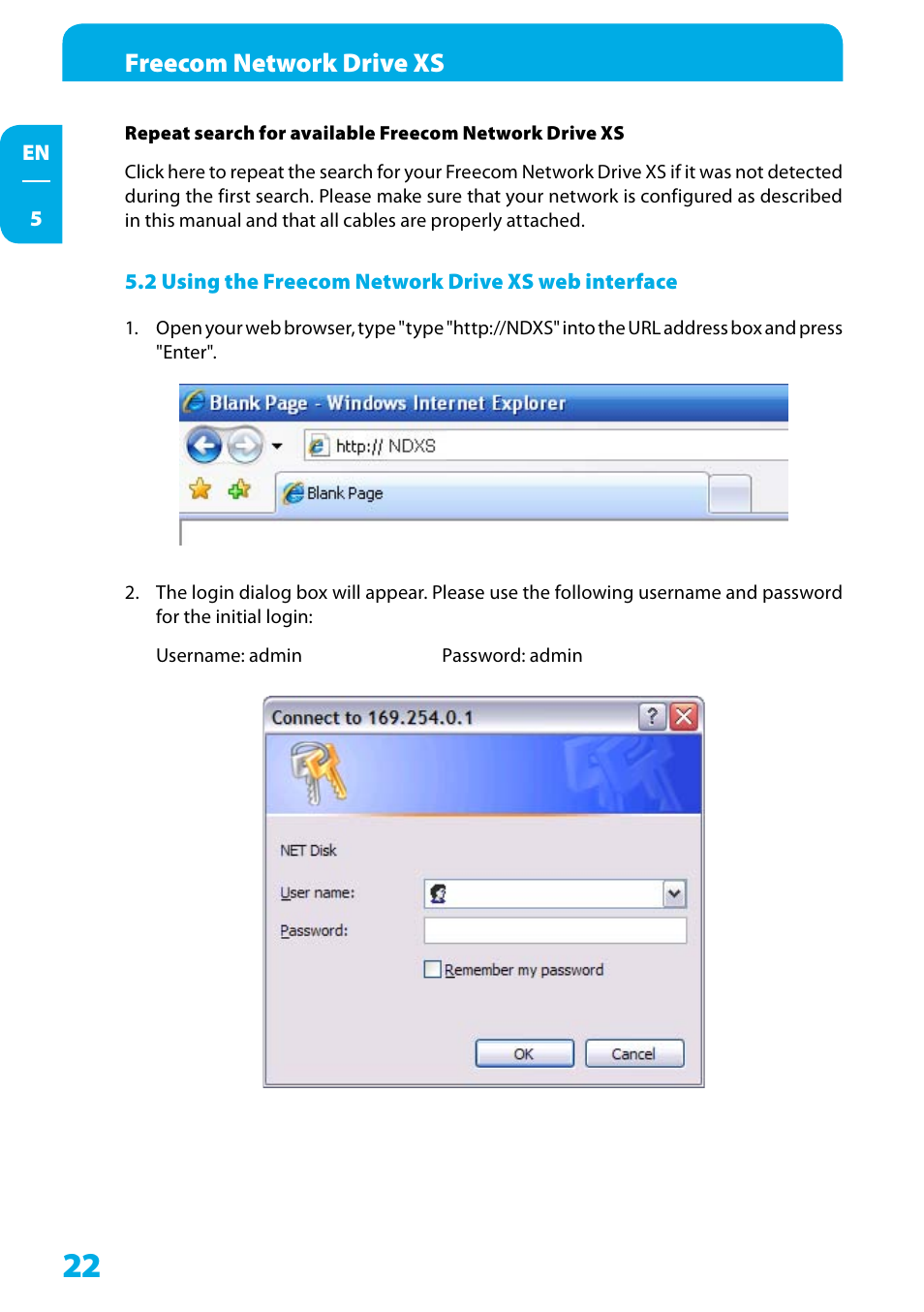 2 using the freecom network drive xs web interface, Freecom network drive xs | Freecom Technologies Network Drive XS User Manual | Page 22 / 40