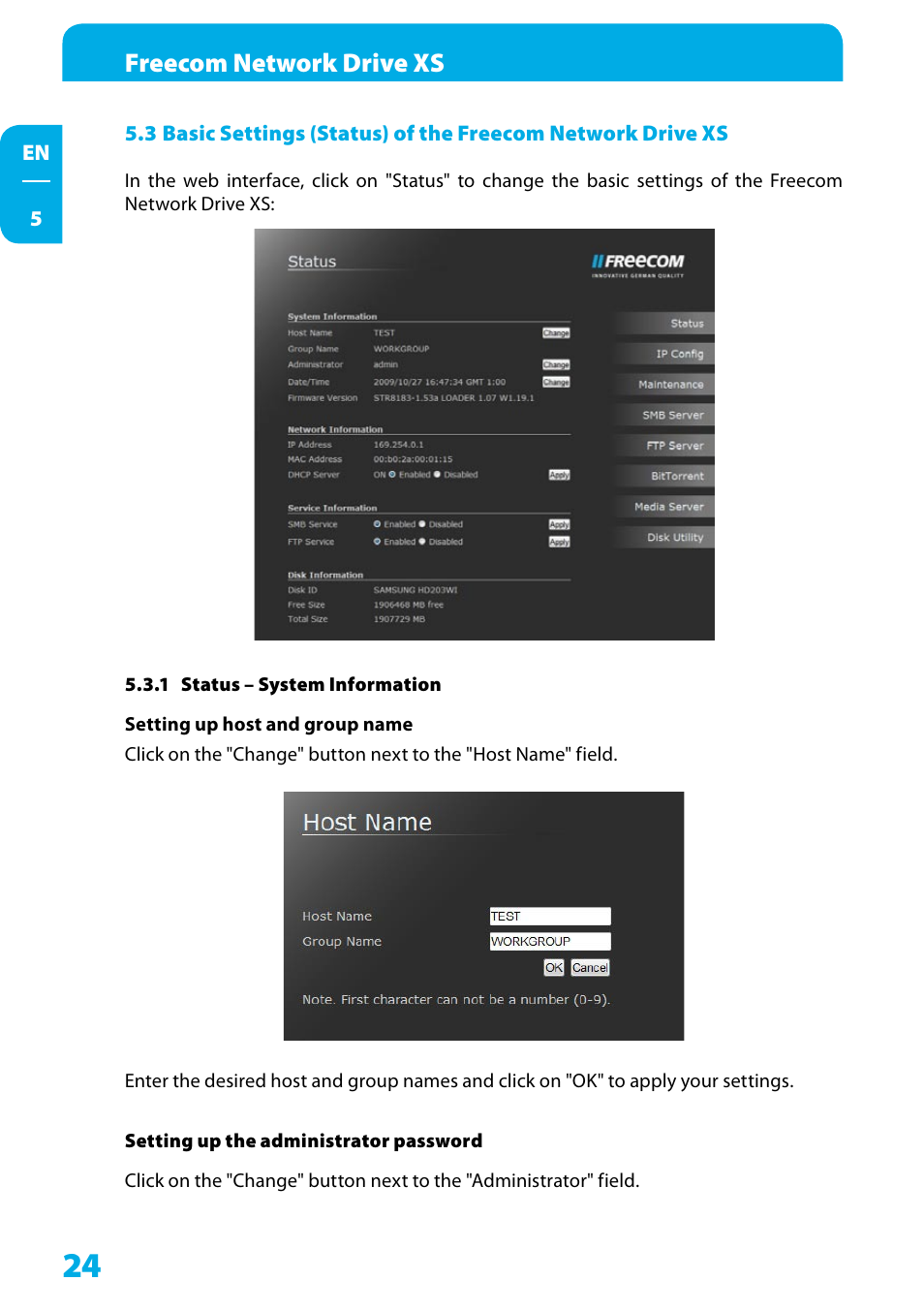 1 status – system information, Freecom network drive xs | Freecom Technologies Network Drive XS User Manual | Page 24 / 40
