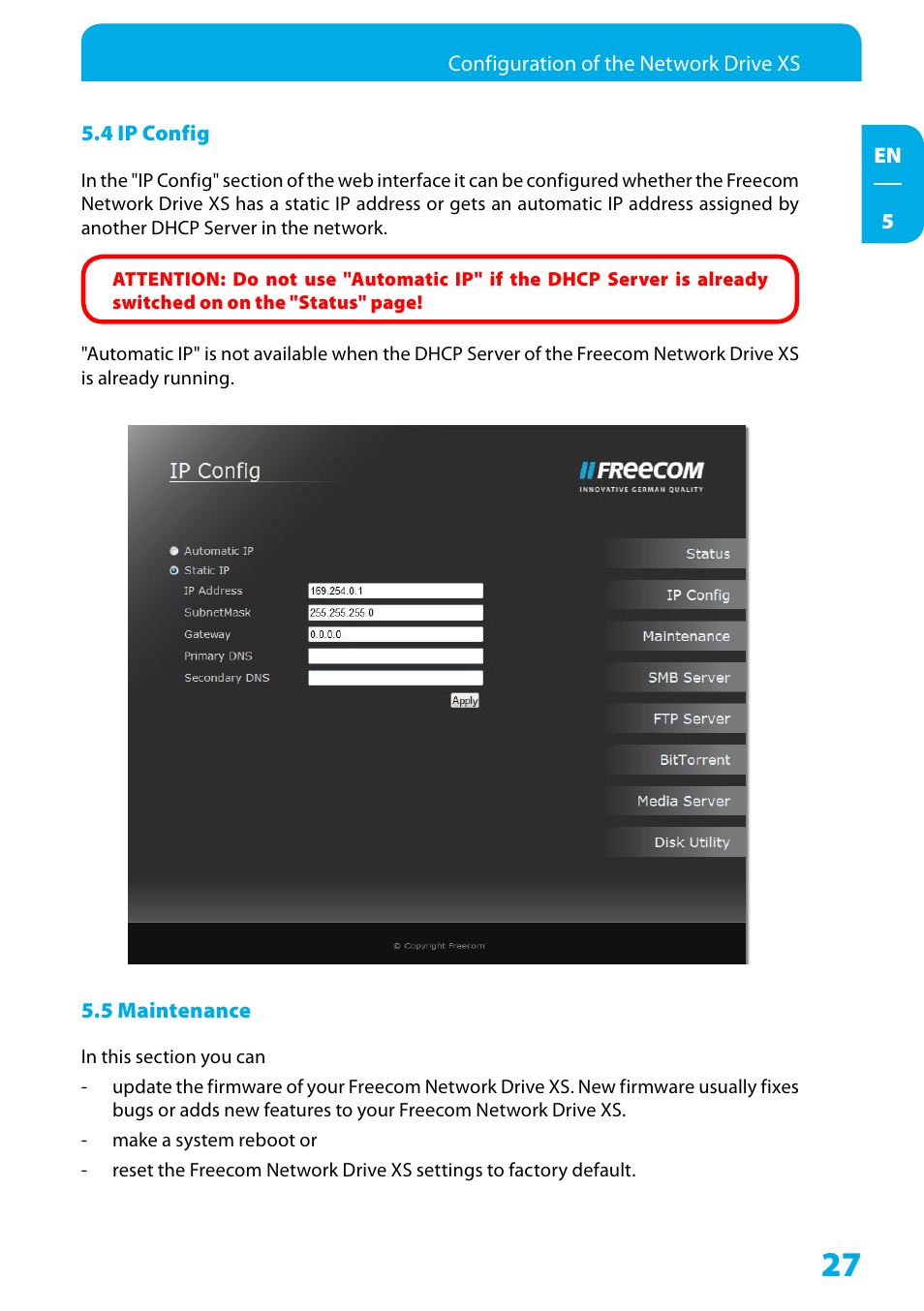 4 ip config, 5 maintenance | Freecom Technologies Network Drive XS User Manual | Page 27 / 40