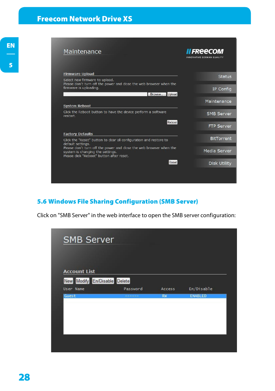 6 windows file sharing configuration (smb server) | Freecom Technologies Network Drive XS User Manual | Page 28 / 40