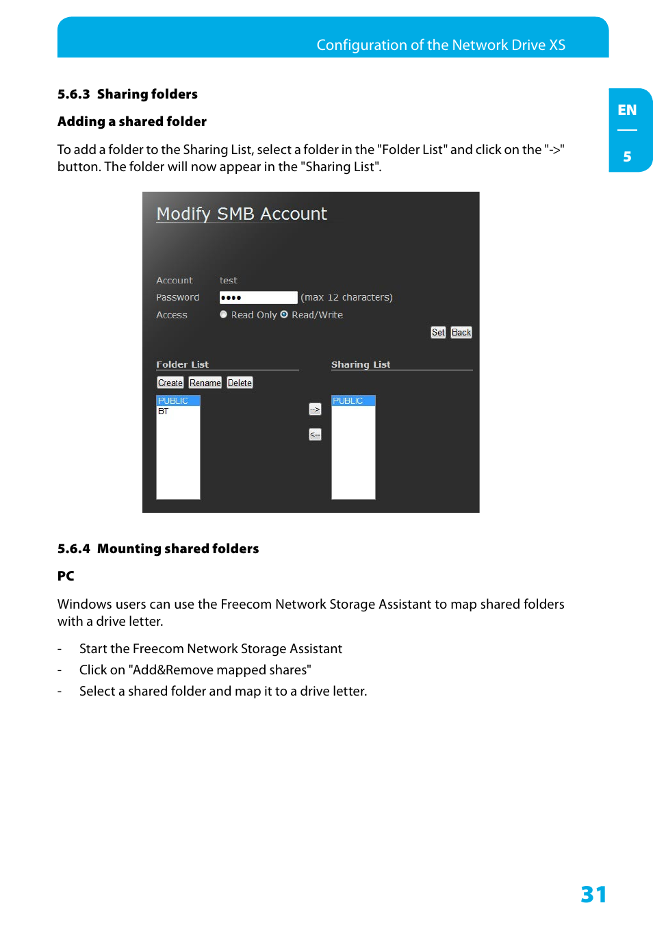 3 sharing folders, 4 mounting shared folders | Freecom Technologies Network Drive XS User Manual | Page 31 / 40