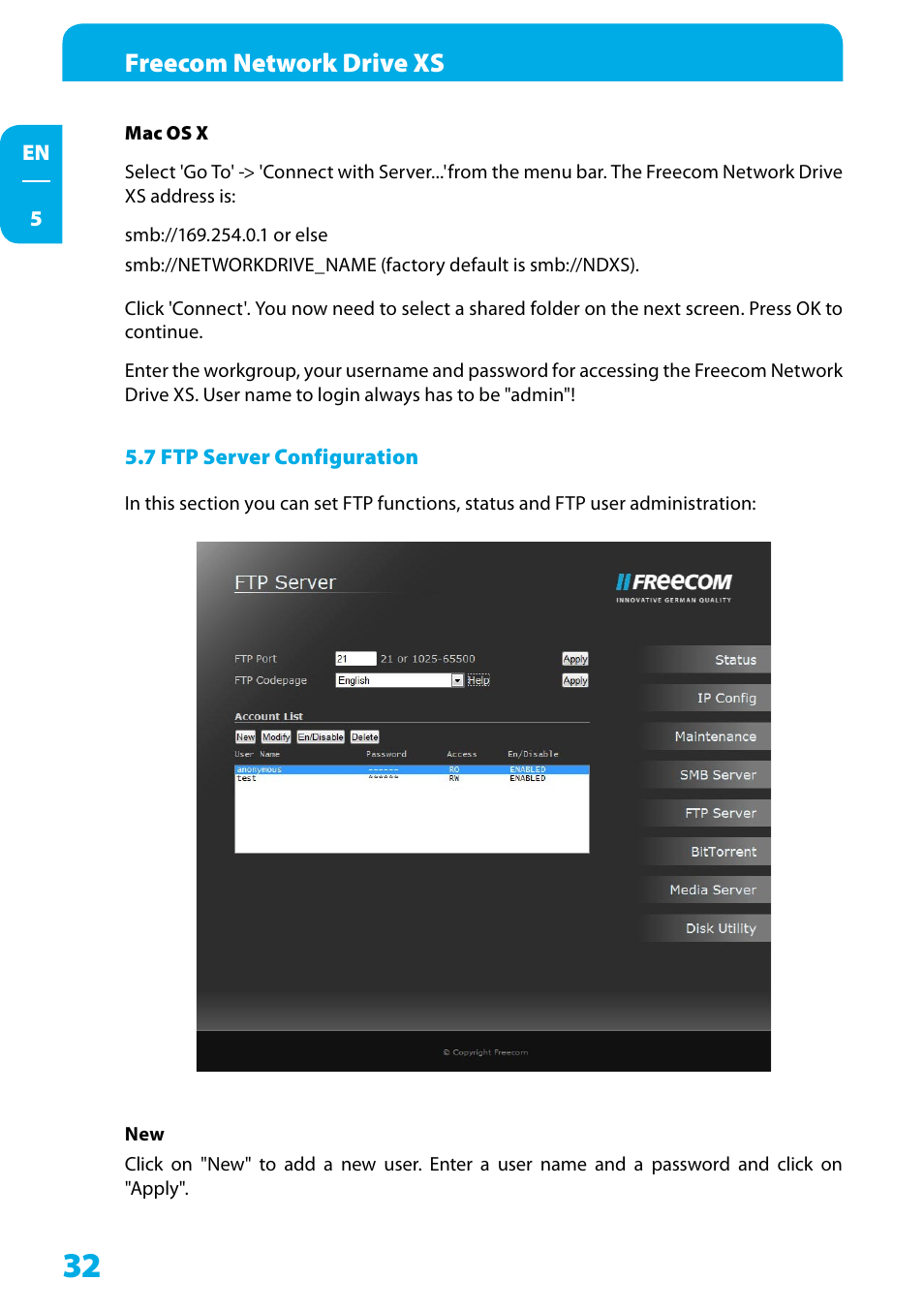 7 ftp server configuration, Freecom network drive xs | Freecom Technologies Network Drive XS User Manual | Page 32 / 40