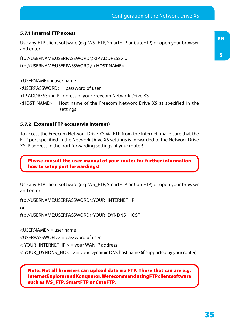 1 internal ftp access, 2 external ftp access (via internet) | Freecom Technologies Network Drive XS User Manual | Page 35 / 40