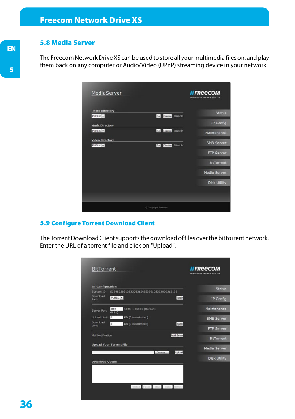 8 media server, 9 configure torrent download client, Freecom network drive xs | Freecom Technologies Network Drive XS User Manual | Page 36 / 40