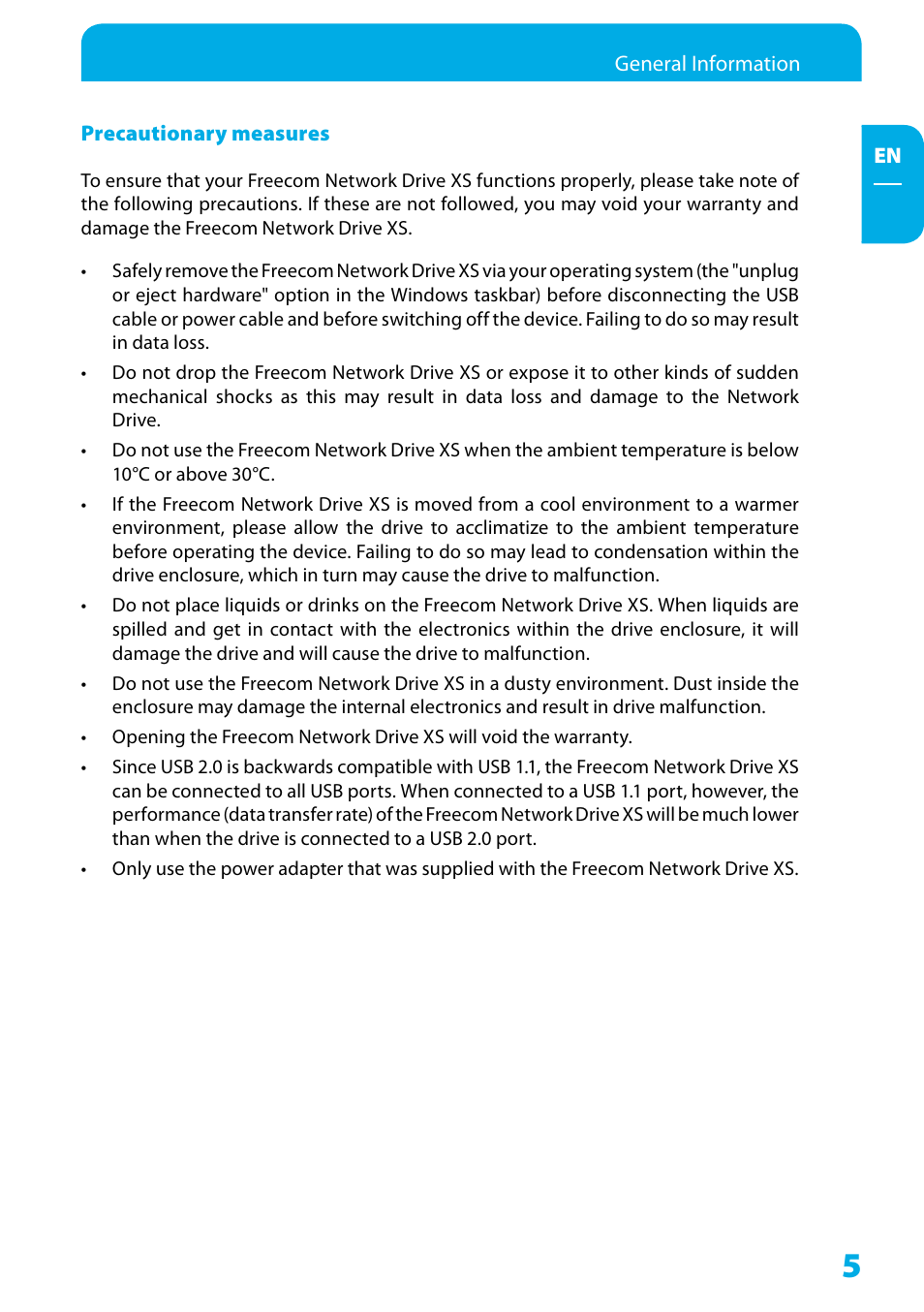Precautionary measures | Freecom Technologies Network Drive XS User Manual | Page 5 / 40
