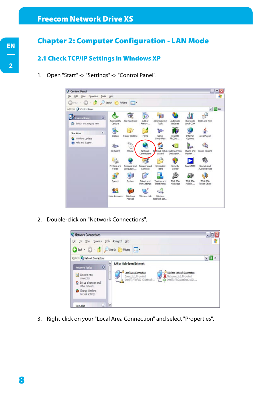 Chapter 2: computer configuration - lan mode, 1 check tcp/ip settings in windows xp | Freecom Technologies Network Drive XS User Manual | Page 8 / 40