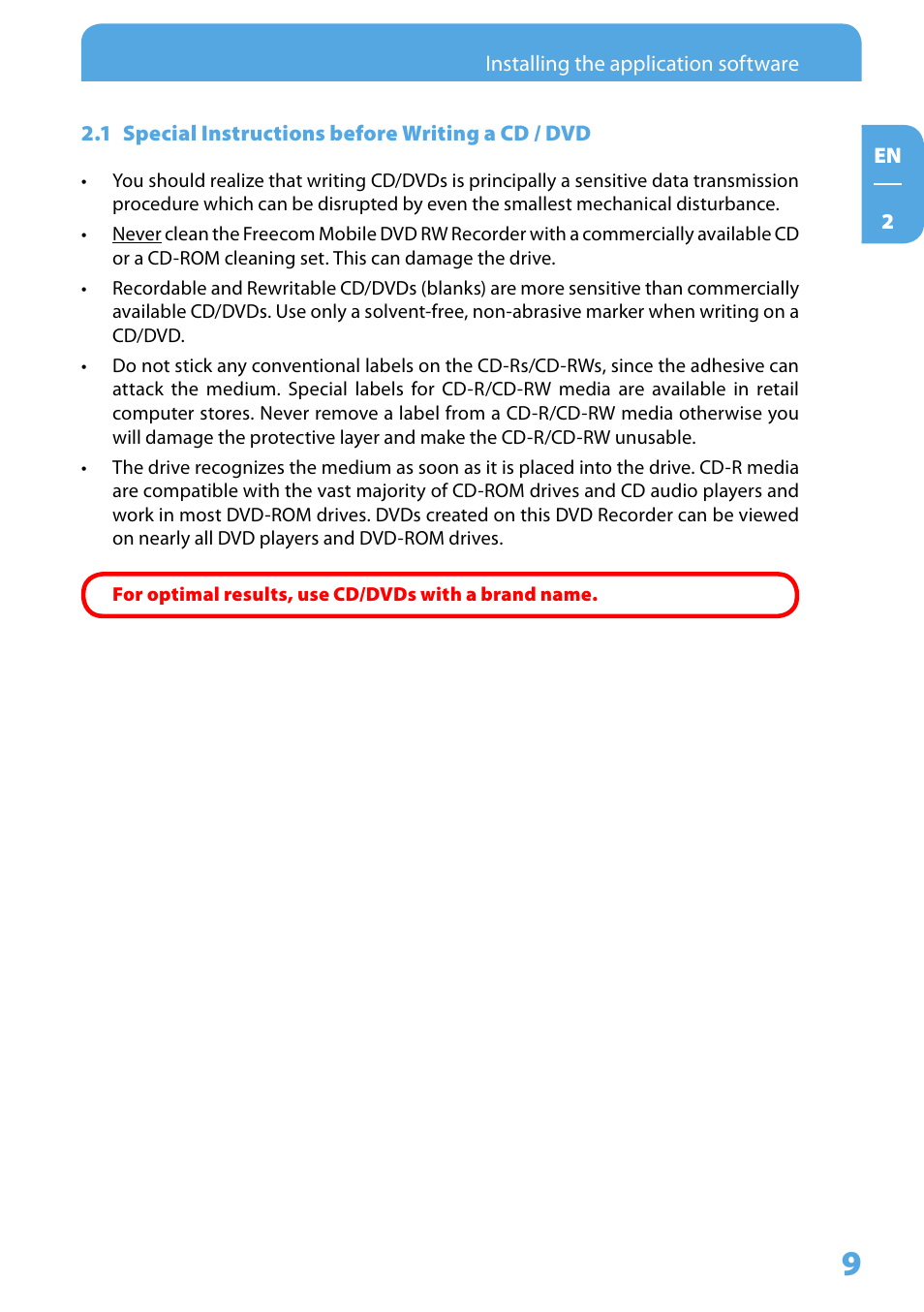 1 special instructions before writing a cd / dvd | Freecom Technologies LS PRO User Manual | Page 9 / 13