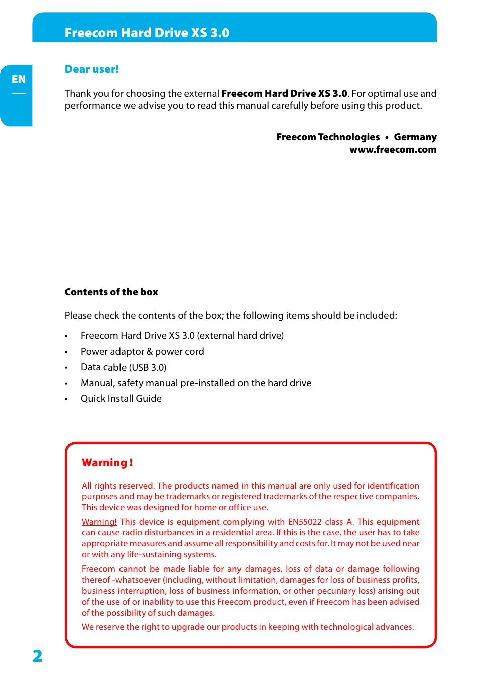 Dear user, Contents of the box, Warning | Freecom hard drive xs 3.0 | Freecom Technologies XS 3.0 User Manual | Page 2 / 16