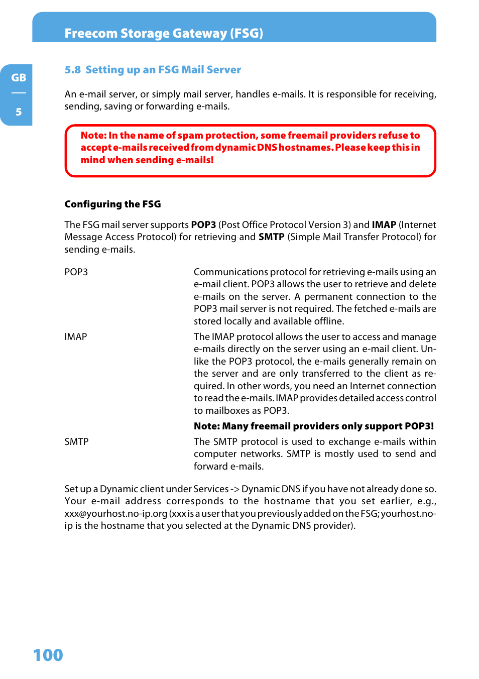 8 setting up an fsg mail server, Freecom storage gateway (fsg) | Freecom Technologies Storage Gateway NETWORK HARD DRIVE User Manual | Page 100 / 129