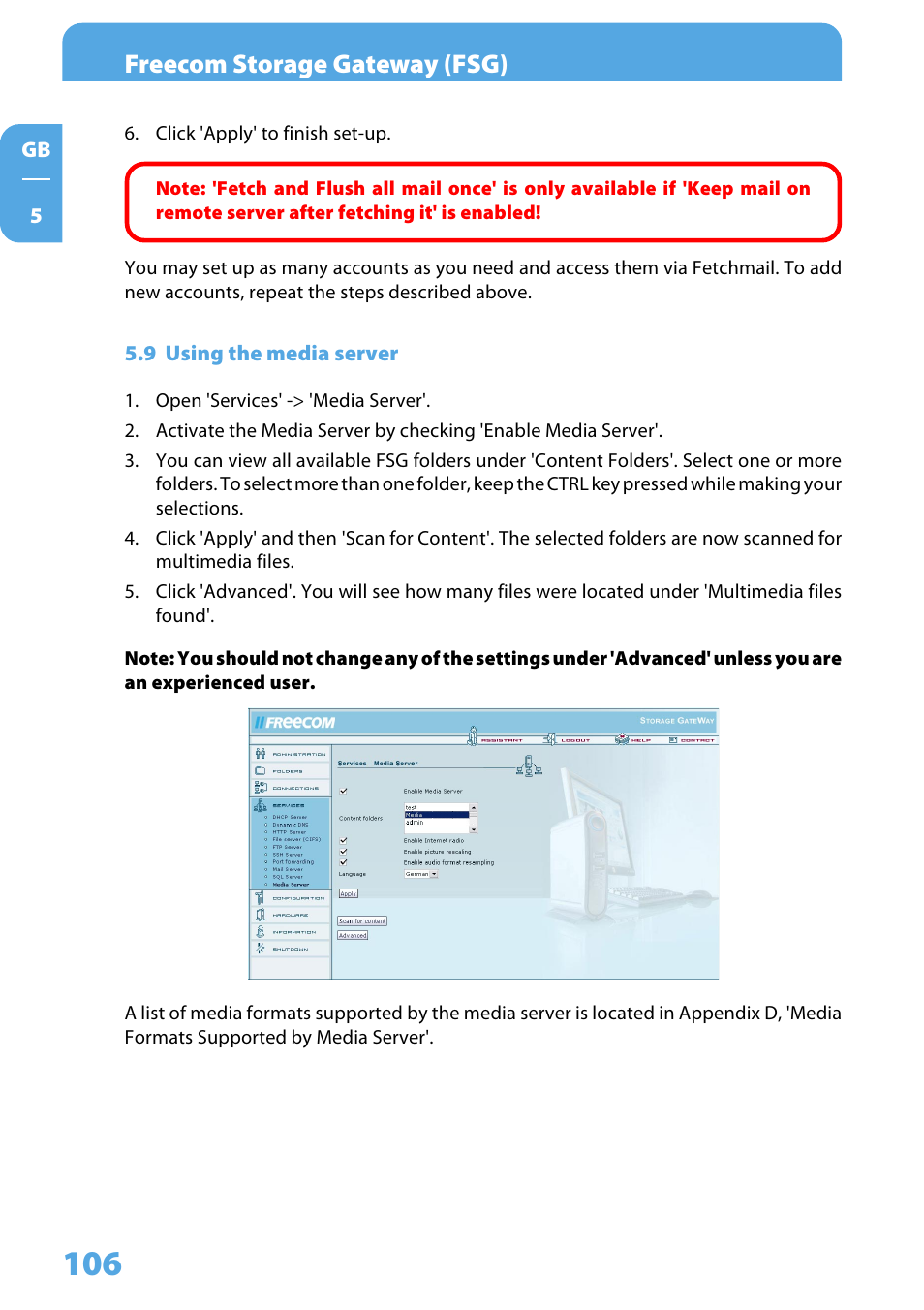 9 using the media server, Freecom storage gateway (fsg) | Freecom Technologies Storage Gateway NETWORK HARD DRIVE User Manual | Page 106 / 129