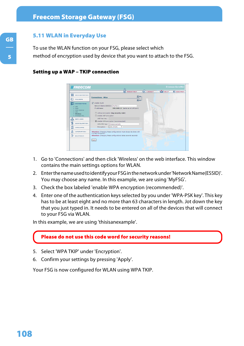 11 wlan in everyday use, Freecom storage gateway (fsg) | Freecom Technologies Storage Gateway NETWORK HARD DRIVE User Manual | Page 108 / 129