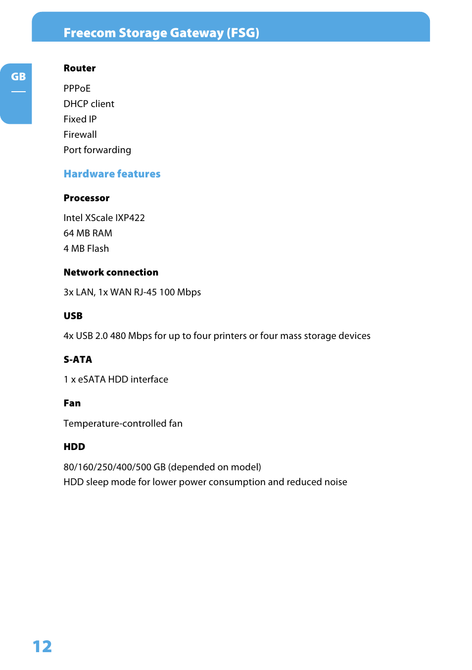 Hardware features, Freecom storage gateway (fsg) | Freecom Technologies Storage Gateway NETWORK HARD DRIVE User Manual | Page 12 / 129