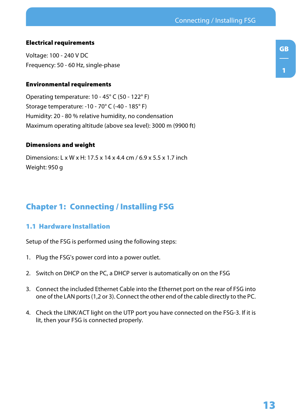 Chapter 1: connecting / installing fsg, 1 hardware installation | Freecom Technologies Storage Gateway NETWORK HARD DRIVE User Manual | Page 13 / 129