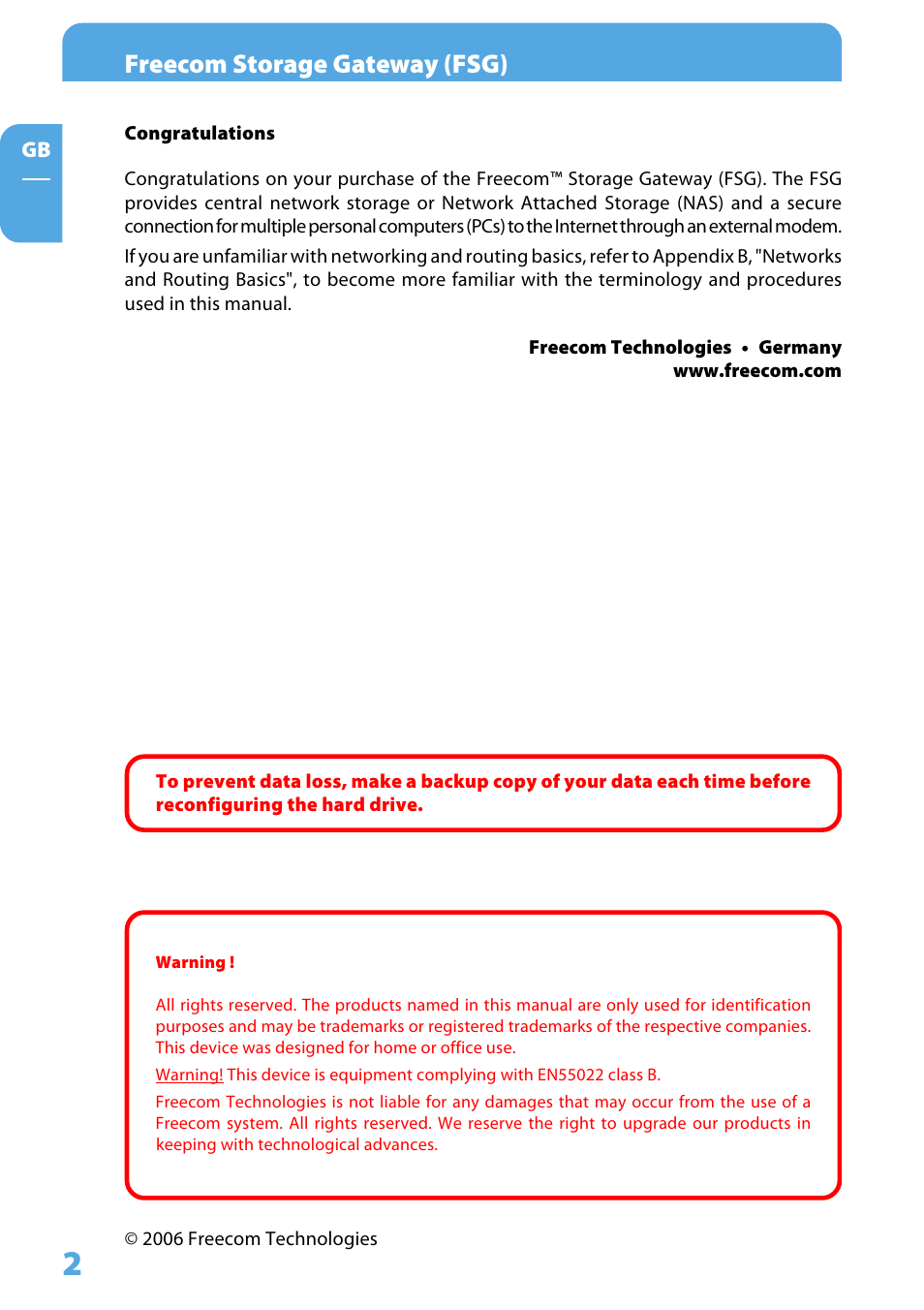 Congratulations, Freecom storage gateway (fsg) | Freecom Technologies Storage Gateway NETWORK HARD DRIVE User Manual | Page 2 / 129