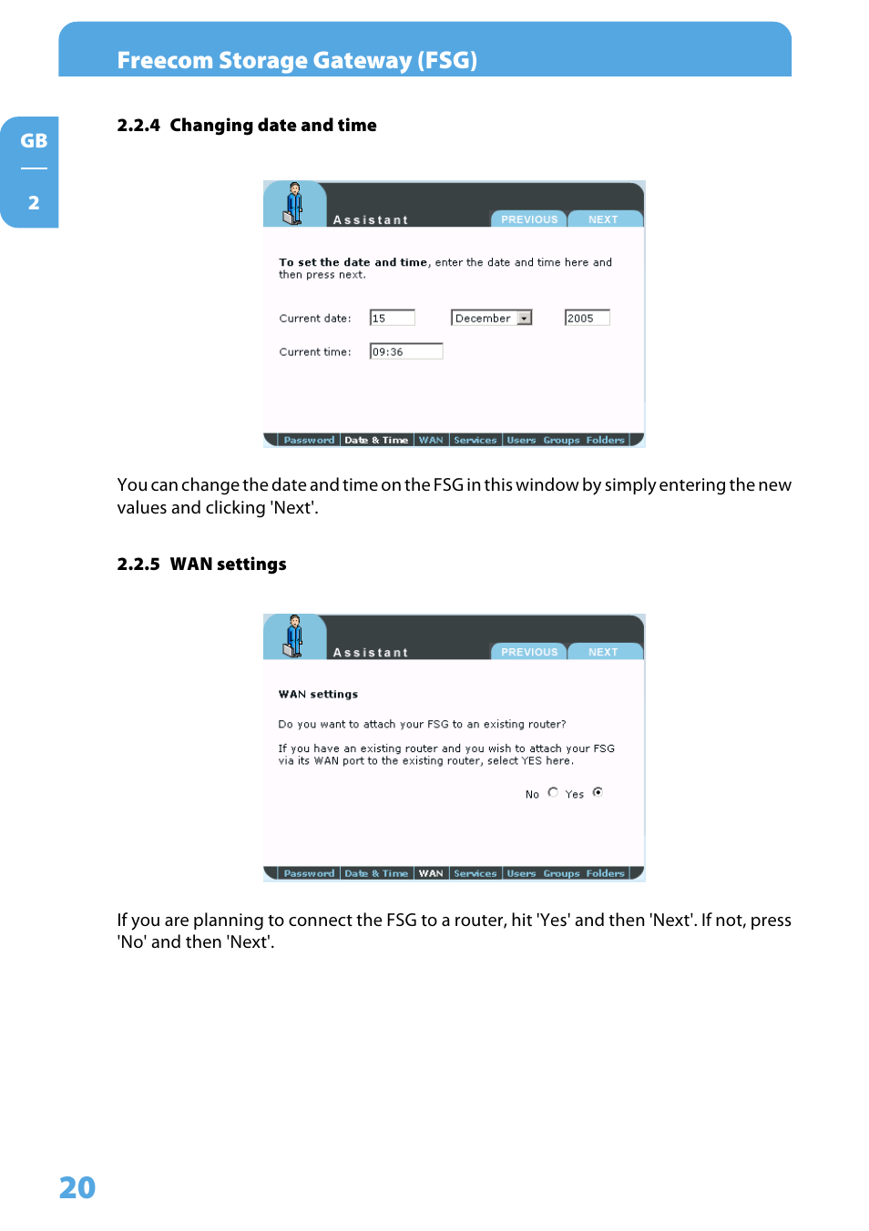 4 changing date and time, 5 wan settings, Freecom storage gateway (fsg) | Freecom Technologies Storage Gateway NETWORK HARD DRIVE User Manual | Page 20 / 129