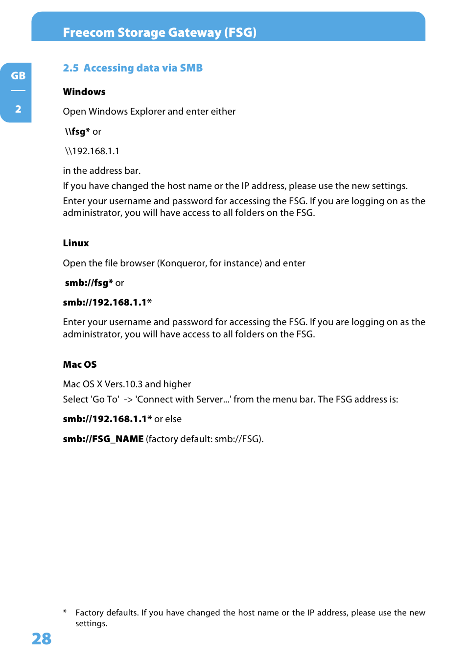 5 accessing data via smb, Freecom storage gateway (fsg) | Freecom Technologies Storage Gateway NETWORK HARD DRIVE User Manual | Page 28 / 129