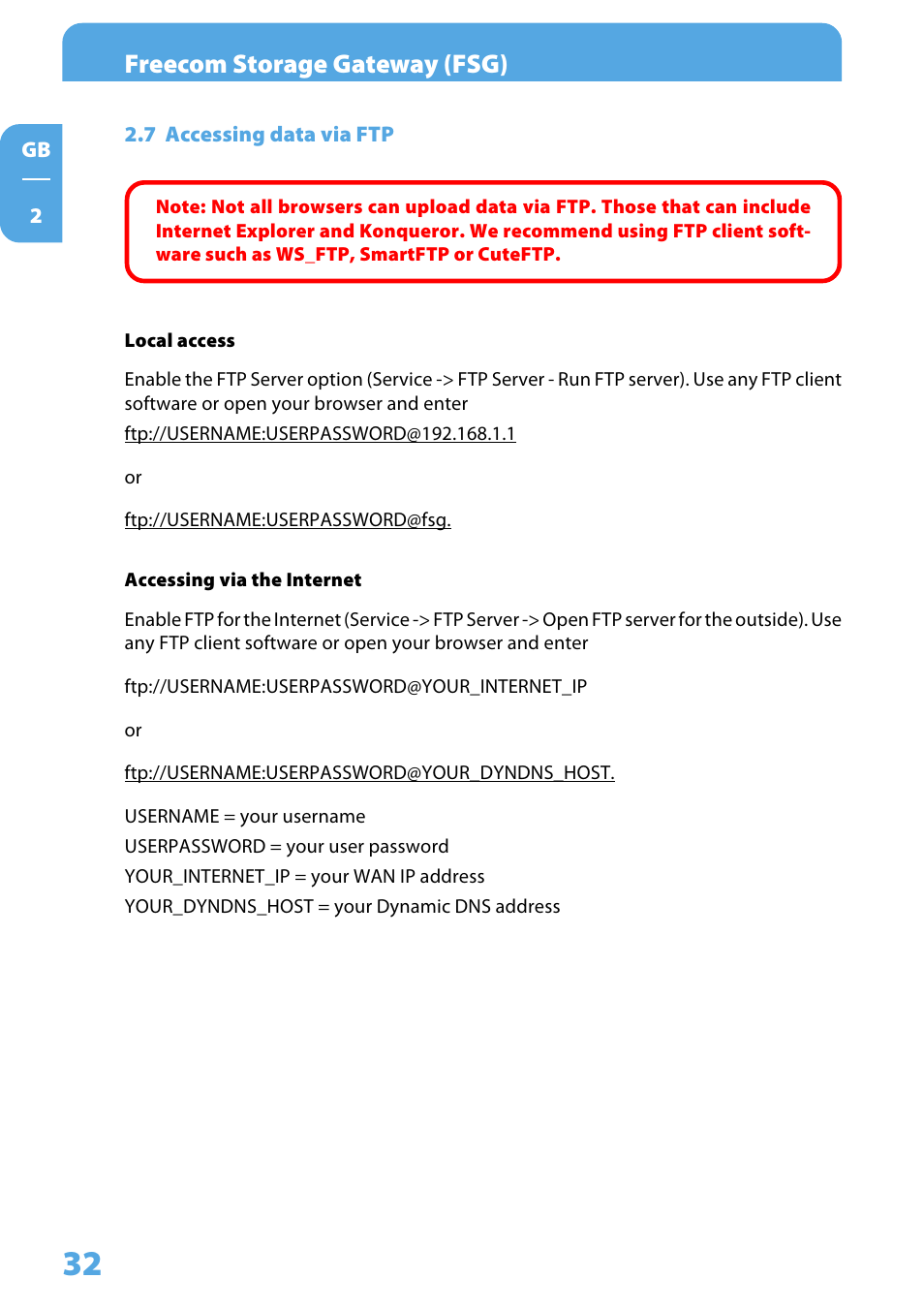 7 accessing data via ftp, Freecom storage gateway (fsg) | Freecom Technologies Storage Gateway NETWORK HARD DRIVE User Manual | Page 32 / 129