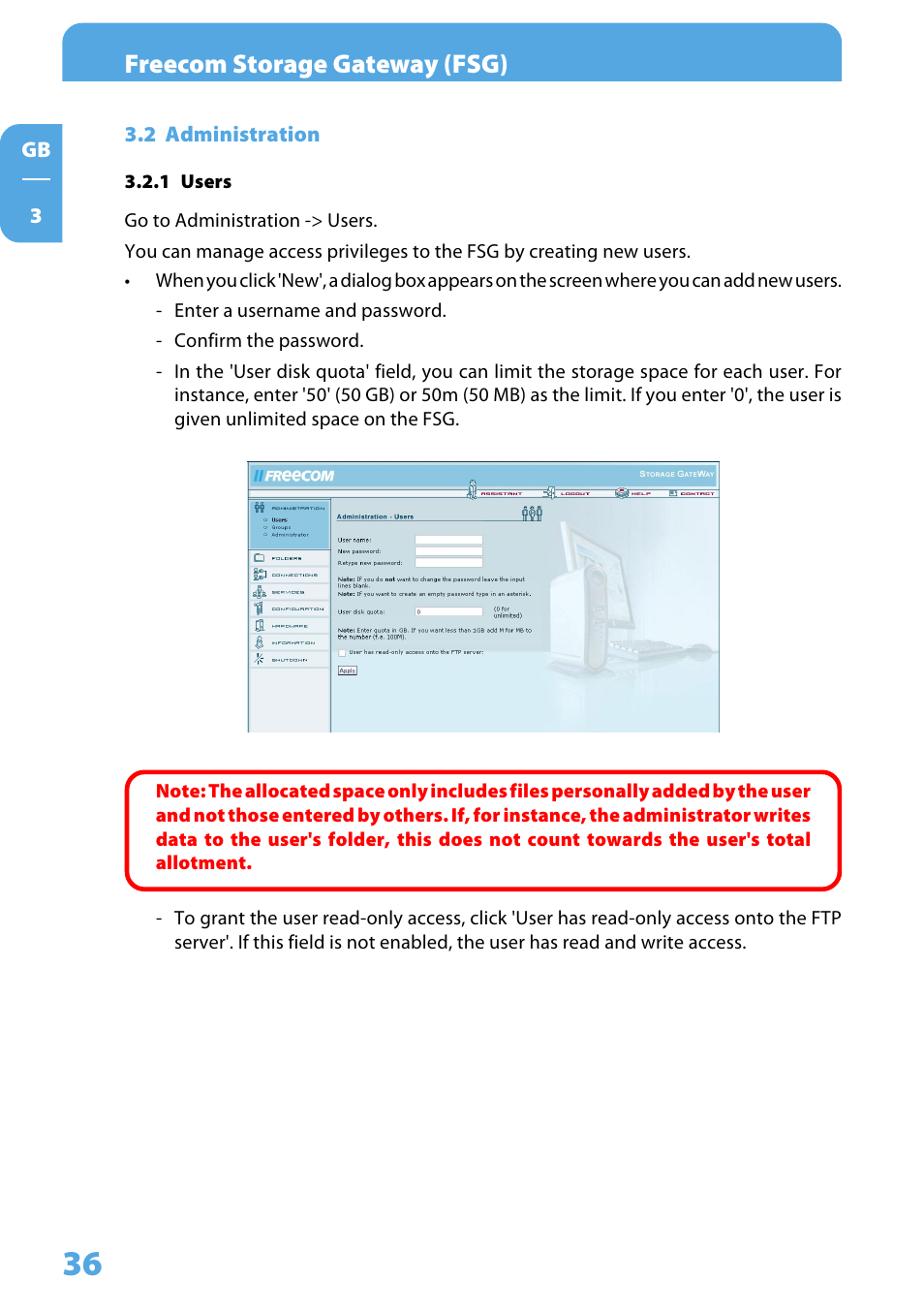 2 administration, 1 users, Freecom storage gateway (fsg) | Freecom Technologies Storage Gateway NETWORK HARD DRIVE User Manual | Page 36 / 129