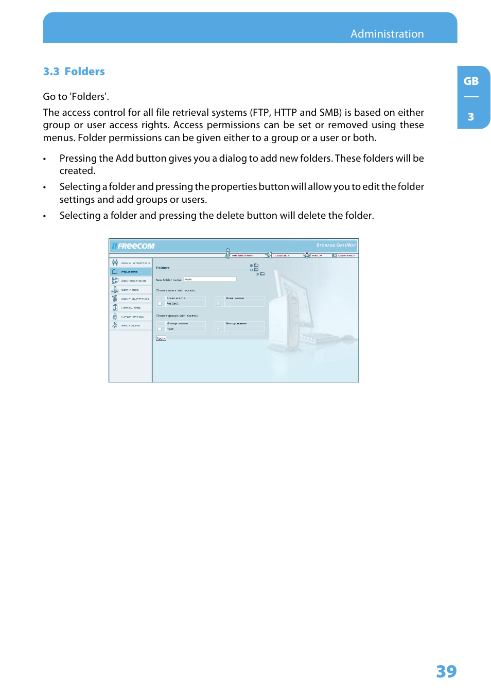 3 folders | Freecom Technologies Storage Gateway NETWORK HARD DRIVE User Manual | Page 39 / 129