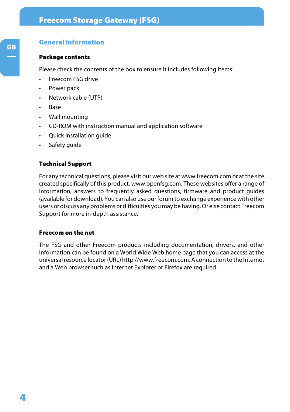 General information, Package contents, Technical support | Freecom on the net, Freecom storage gateway (fsg) | Freecom Technologies Storage Gateway NETWORK HARD DRIVE User Manual | Page 4 / 129