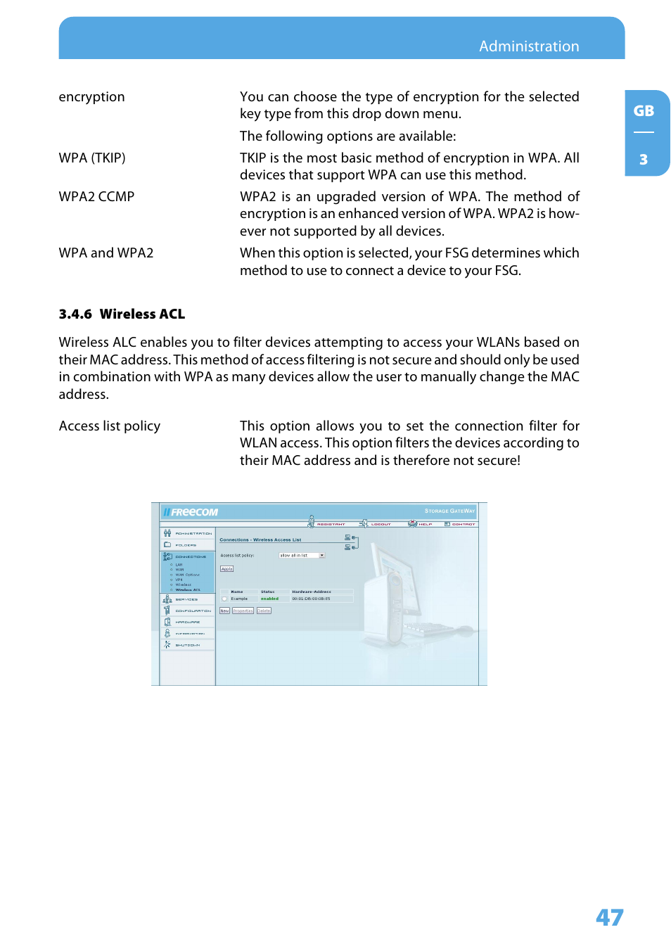 6 wireless acl | Freecom Technologies Storage Gateway NETWORK HARD DRIVE User Manual | Page 47 / 129