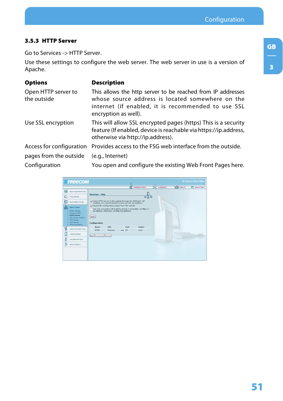 3 http server | Freecom Technologies Storage Gateway NETWORK HARD DRIVE User Manual | Page 51 / 129