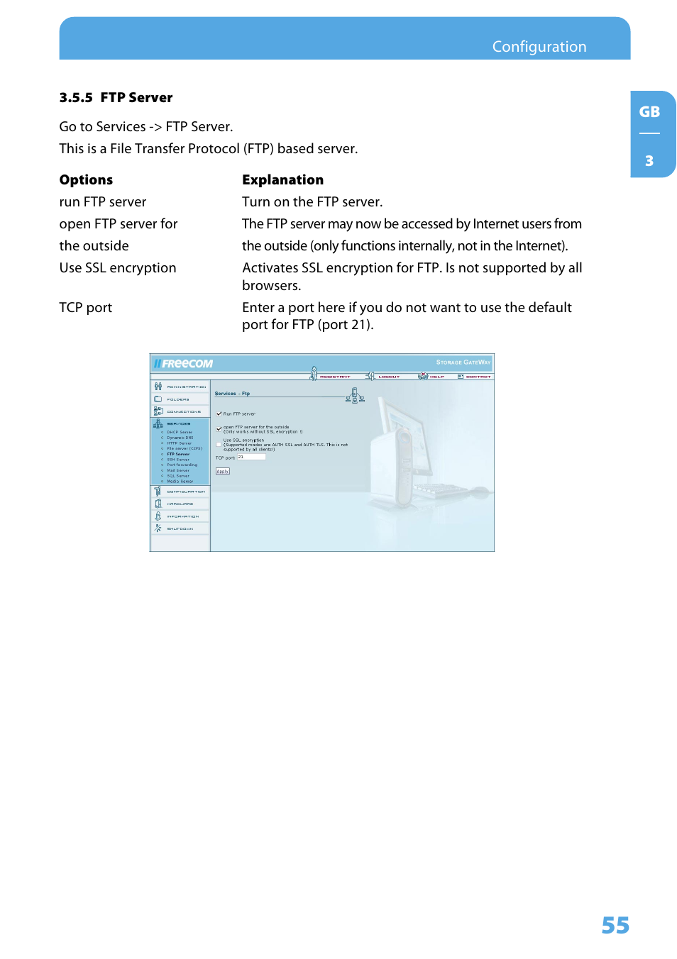 5 ftp server | Freecom Technologies Storage Gateway NETWORK HARD DRIVE User Manual | Page 55 / 129