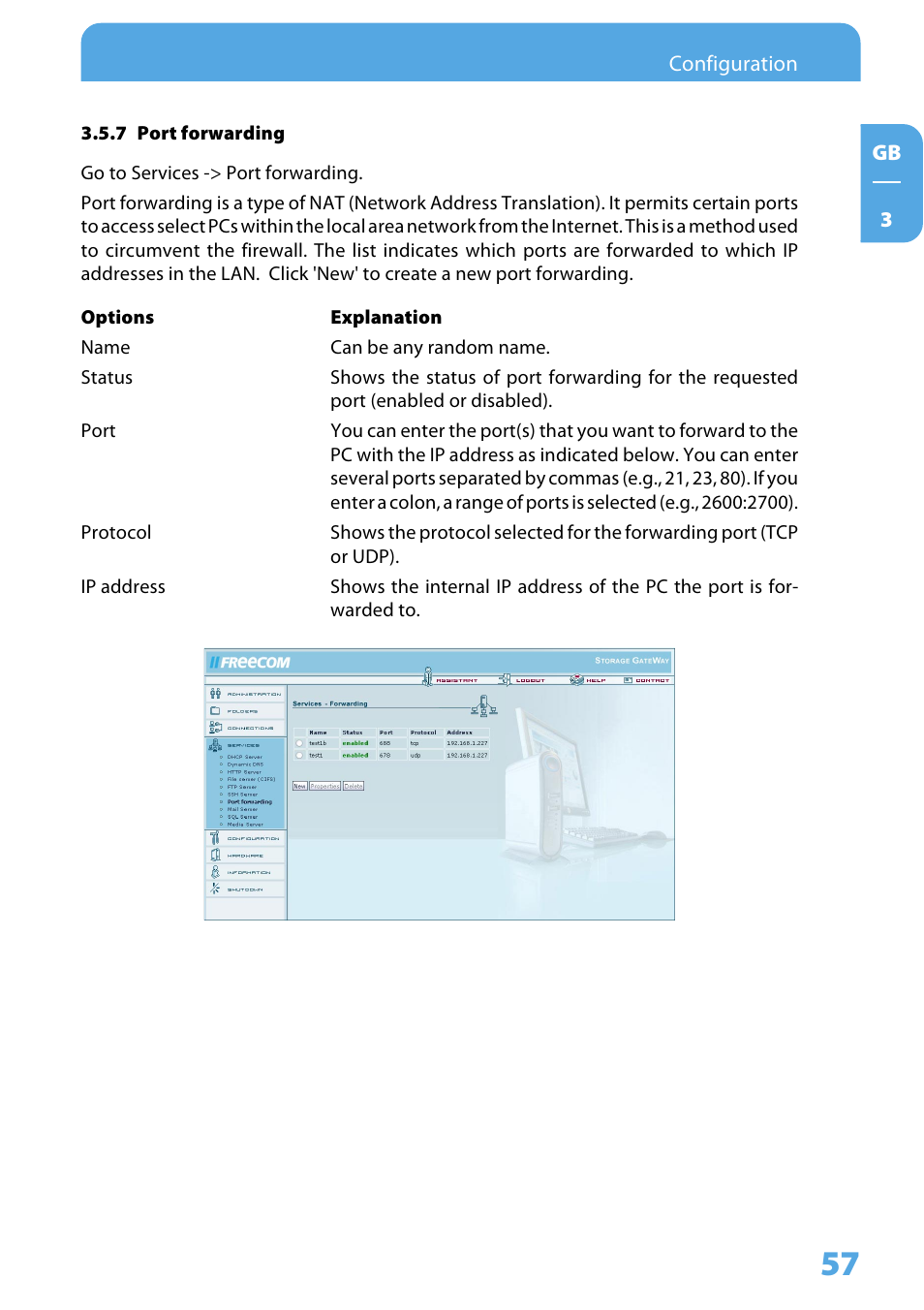 7 port forwarding | Freecom Technologies Storage Gateway NETWORK HARD DRIVE User Manual | Page 57 / 129