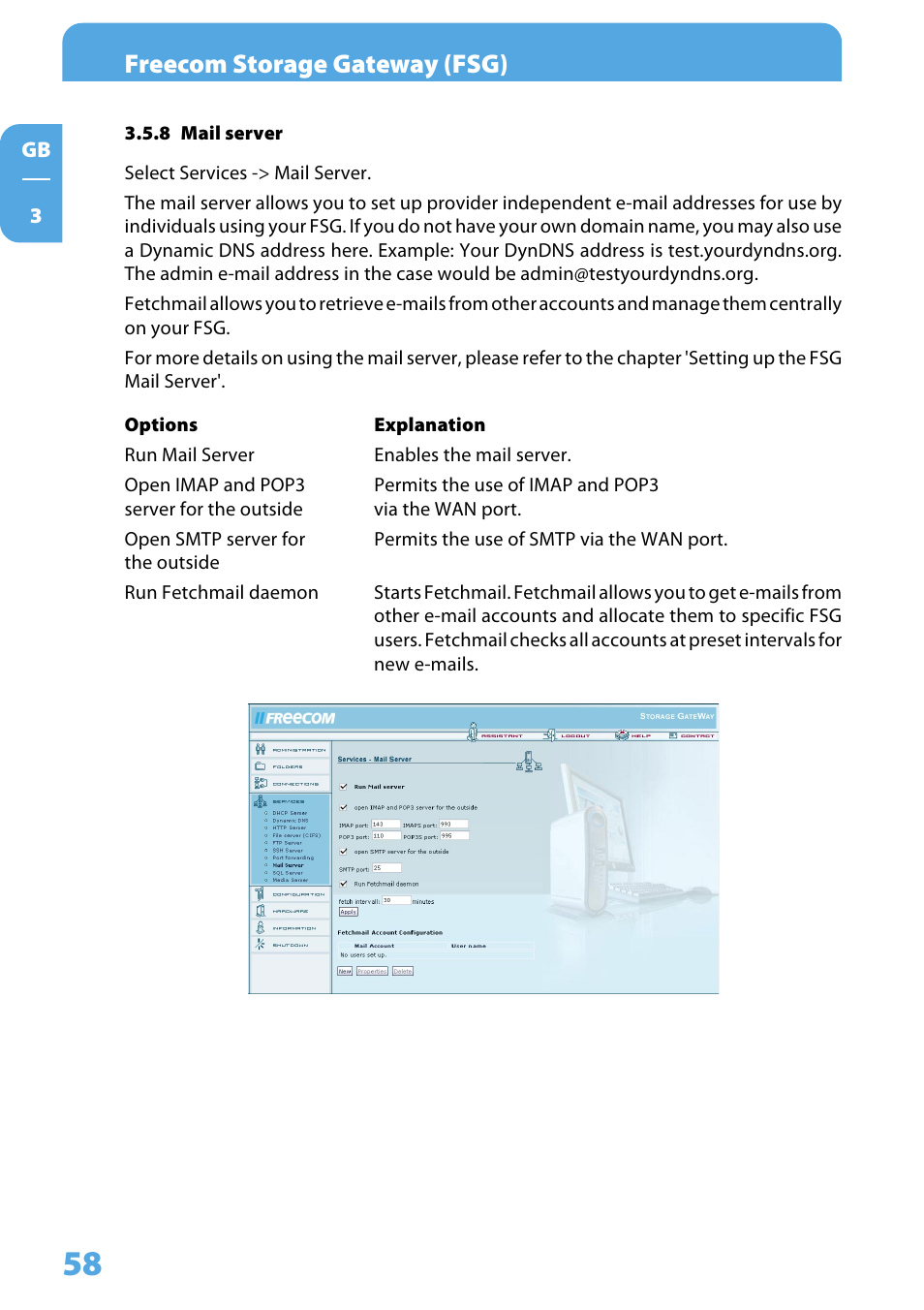 8 mail server, Freecom storage gateway (fsg) | Freecom Technologies Storage Gateway NETWORK HARD DRIVE User Manual | Page 58 / 129