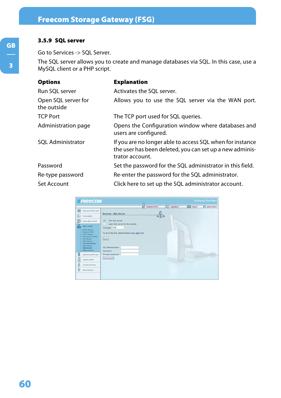 9 sql server, Freecom storage gateway (fsg) | Freecom Technologies Storage Gateway NETWORK HARD DRIVE User Manual | Page 60 / 129