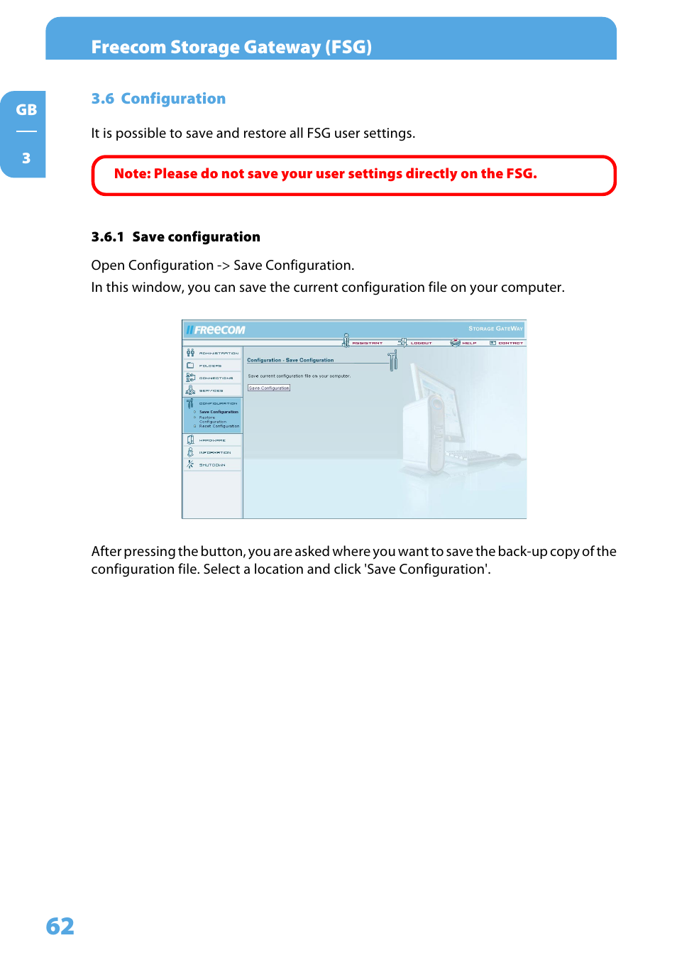 6 configuration, 1 save configuration, Freecom storage gateway (fsg) | Freecom Technologies Storage Gateway NETWORK HARD DRIVE User Manual | Page 62 / 129