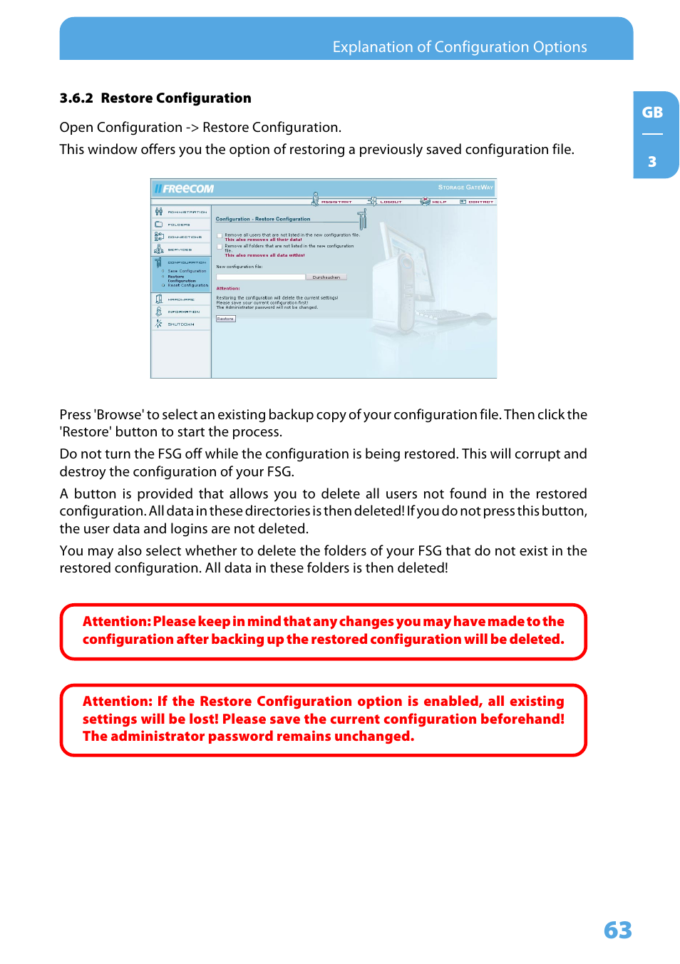 2 restore configuration | Freecom Technologies Storage Gateway NETWORK HARD DRIVE User Manual | Page 63 / 129
