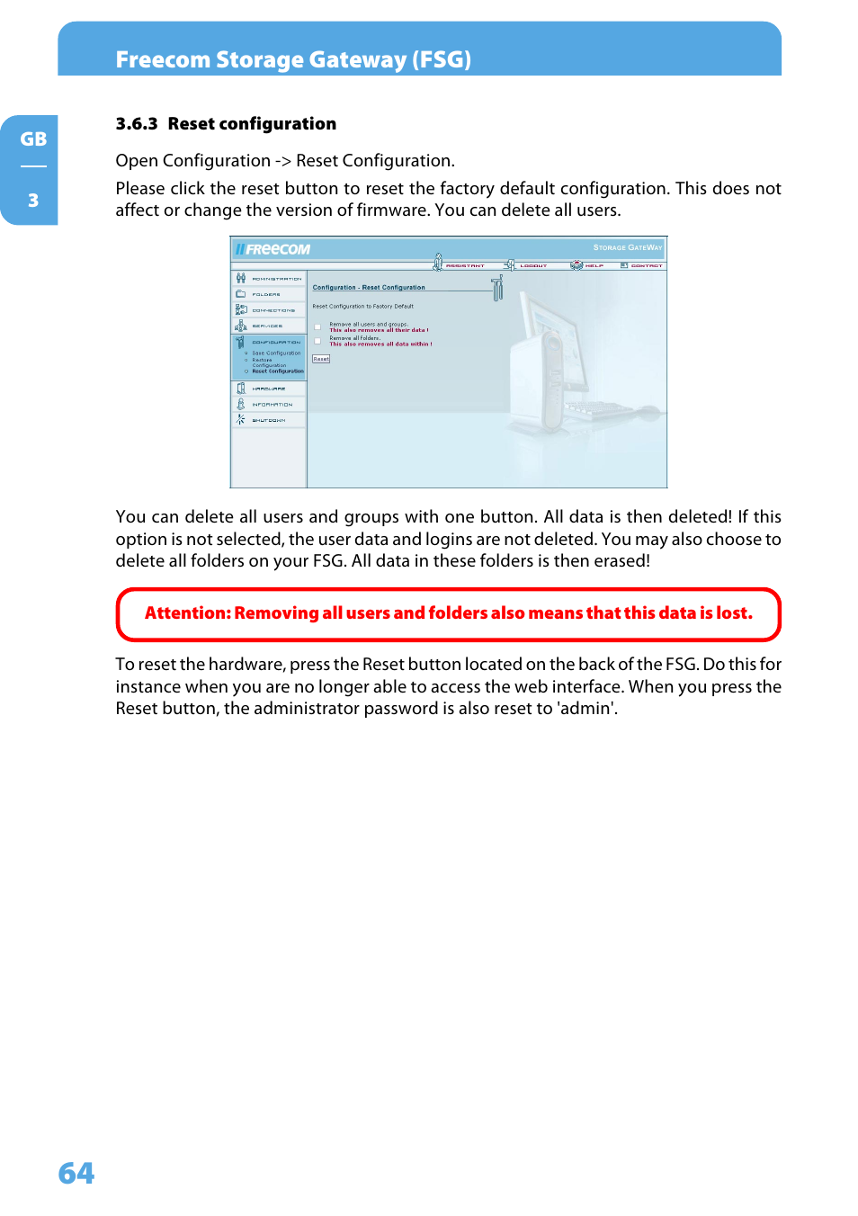 3 reset configuration, Freecom storage gateway (fsg) | Freecom Technologies Storage Gateway NETWORK HARD DRIVE User Manual | Page 64 / 129