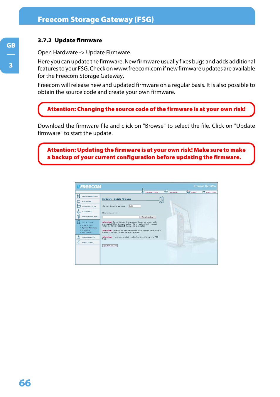 2 update firmware, Freecom storage gateway (fsg) | Freecom Technologies Storage Gateway NETWORK HARD DRIVE User Manual | Page 66 / 129