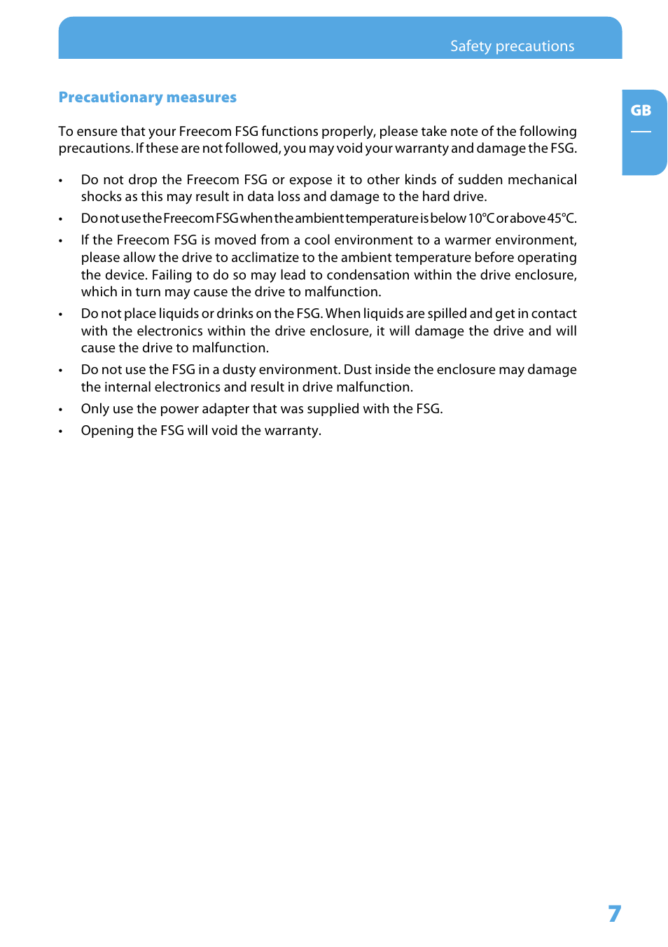Precautionary measures | Freecom Technologies Storage Gateway NETWORK HARD DRIVE User Manual | Page 7 / 129