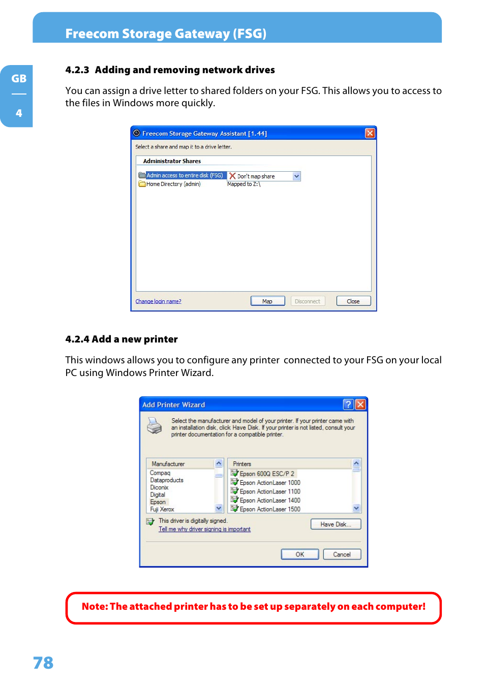 3 adding and removing network drives, 4 add a new printer, Freecom storage gateway (fsg) | Freecom Technologies Storage Gateway NETWORK HARD DRIVE User Manual | Page 78 / 129
