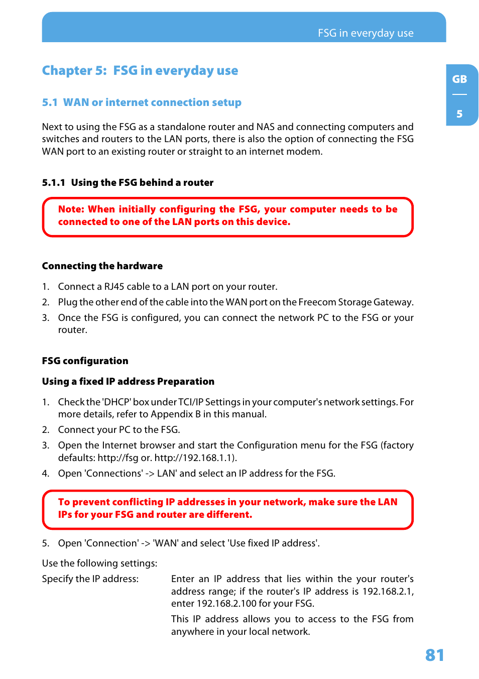 Chapter 5: fsg in everyday use, 1 wan or internet connection setup, 1 using the fsg behind a router | Freecom Technologies Storage Gateway NETWORK HARD DRIVE User Manual | Page 81 / 129