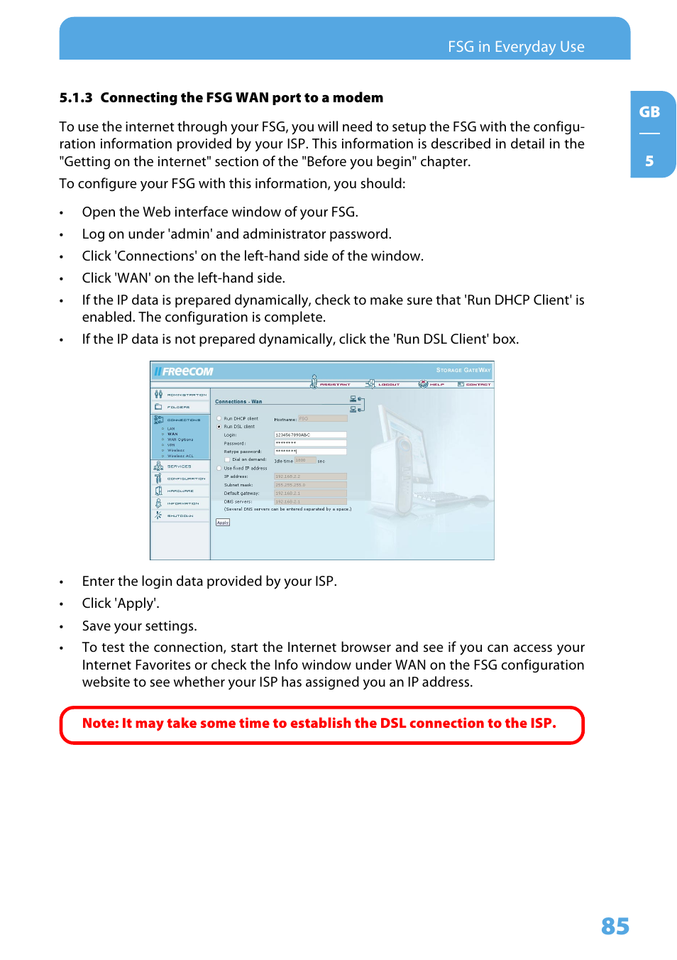 3 connecting the fsg wan port to a modem | Freecom Technologies Storage Gateway NETWORK HARD DRIVE User Manual | Page 85 / 129
