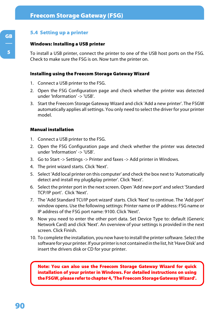 4 setting up a printer, Freecom storage gateway (fsg) | Freecom Technologies Storage Gateway NETWORK HARD DRIVE User Manual | Page 90 / 129