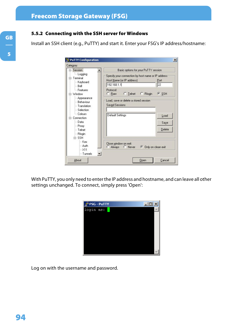 2 connecting with the ssh server for windows, Freecom storage gateway (fsg) | Freecom Technologies Storage Gateway NETWORK HARD DRIVE User Manual | Page 94 / 129