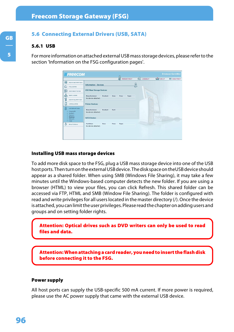 6 connecting external drivers (usb, sata), 1 usb, Freecom storage gateway (fsg) | Freecom Technologies Storage Gateway NETWORK HARD DRIVE User Manual | Page 96 / 129