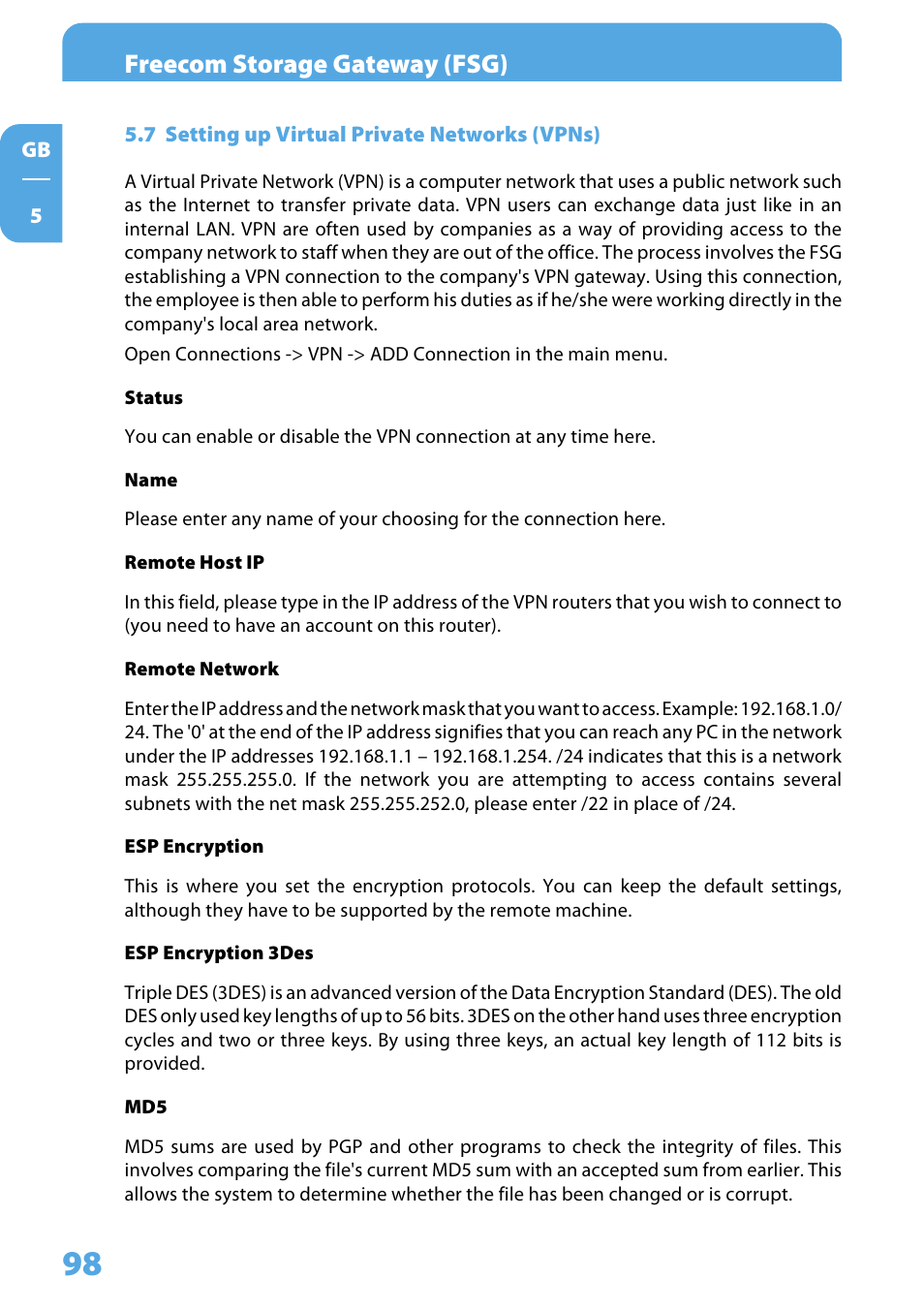 7 setting up virtual private networks (vpns), Freecom storage gateway (fsg) | Freecom Technologies Storage Gateway NETWORK HARD DRIVE User Manual | Page 98 / 129