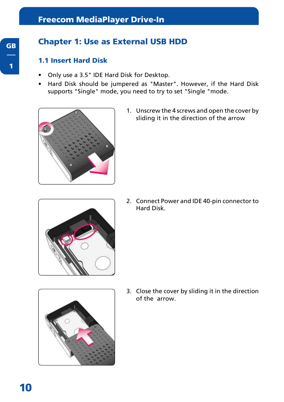 Chapter 1: use as external usb hdd, 1 insert hard disk, Freecom mediaplayer drive-in | Freecom Technologies MediaPlayer Drive-In Kit User Manual | Page 10 / 78