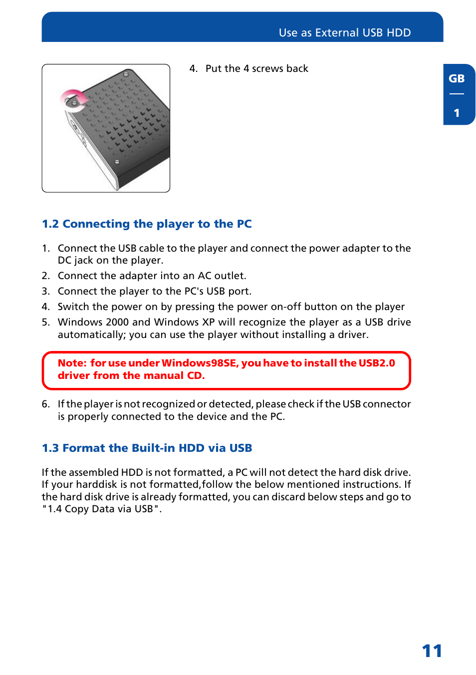 2 connecting the player to the pc, 3 format the built-in hdd via usb | Freecom Technologies MediaPlayer Drive-In Kit User Manual | Page 11 / 78