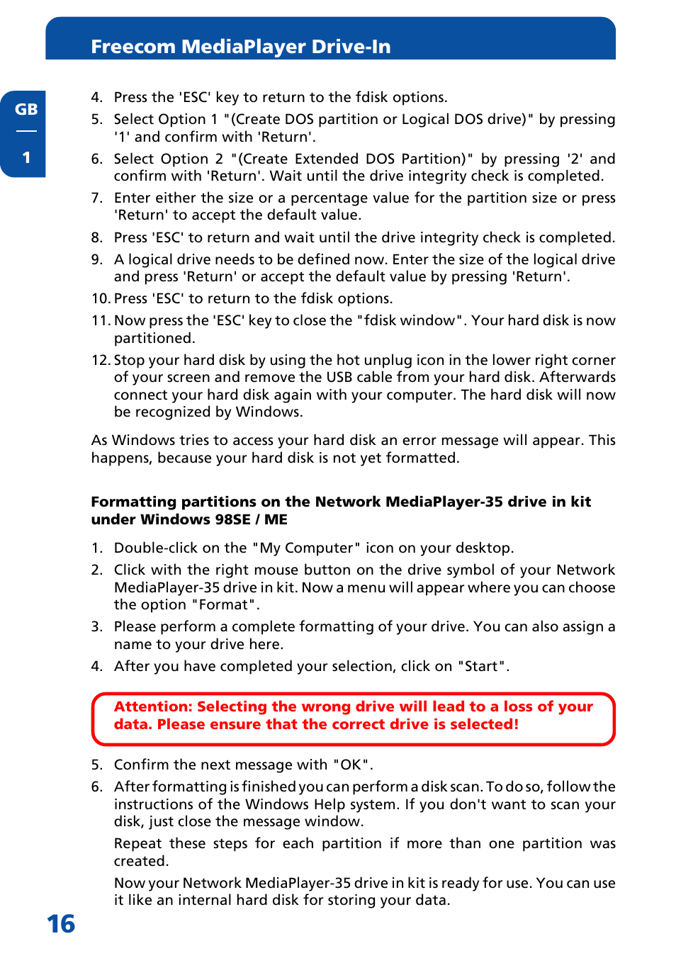 Freecom mediaplayer drive-in | Freecom Technologies MediaPlayer Drive-In Kit User Manual | Page 16 / 78