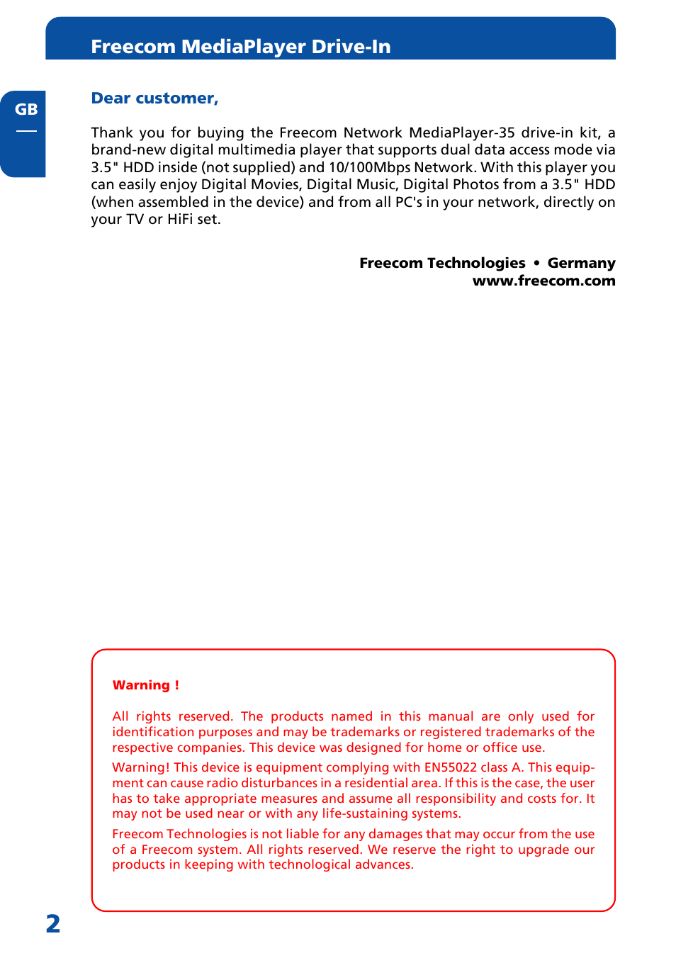 Dear customer, Freecom mediaplayer drive-in | Freecom Technologies MediaPlayer Drive-In Kit User Manual | Page 2 / 78